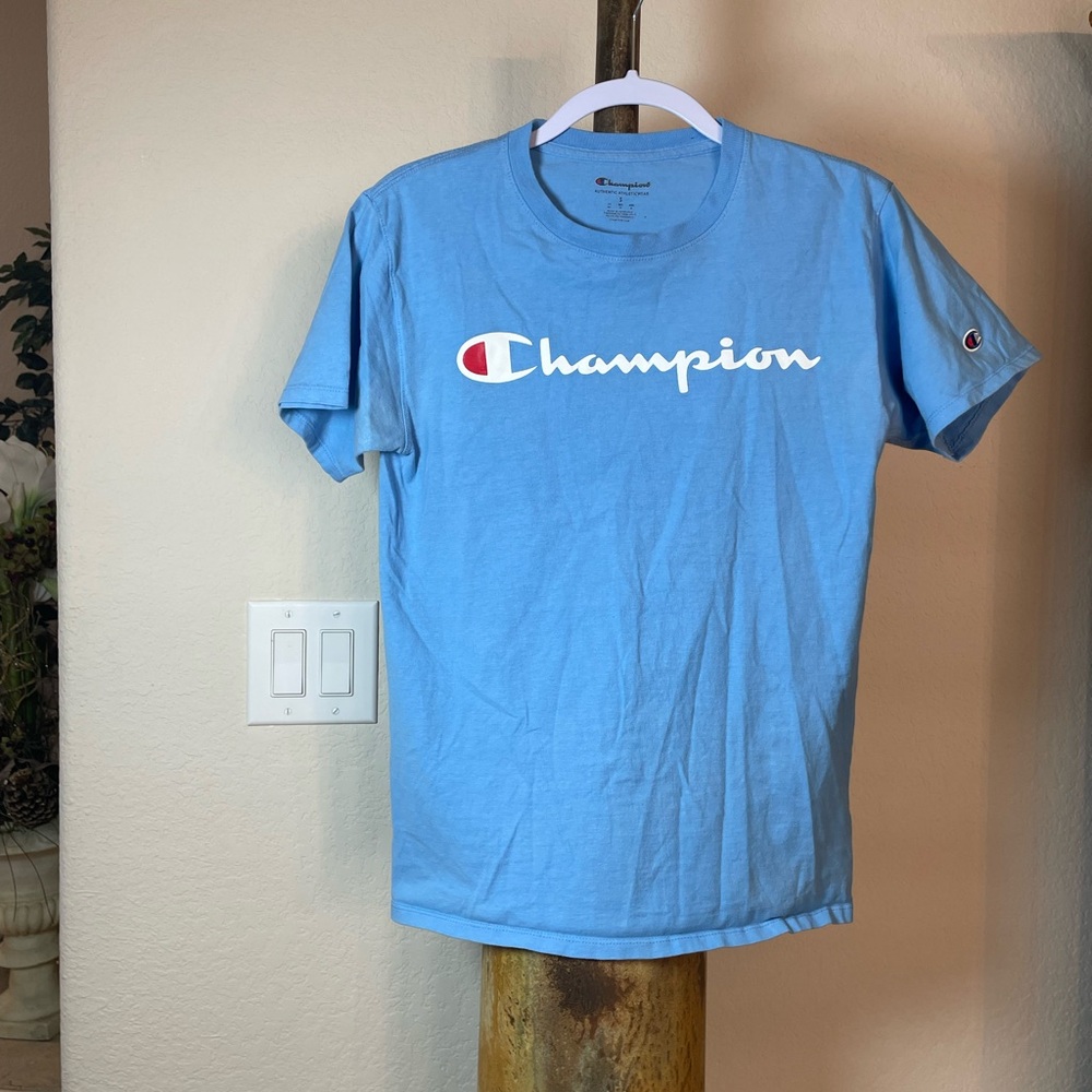 Champion Lt Blue Short Sleeve Tee SZ:Small Front banner logo plus sleeve Unisex